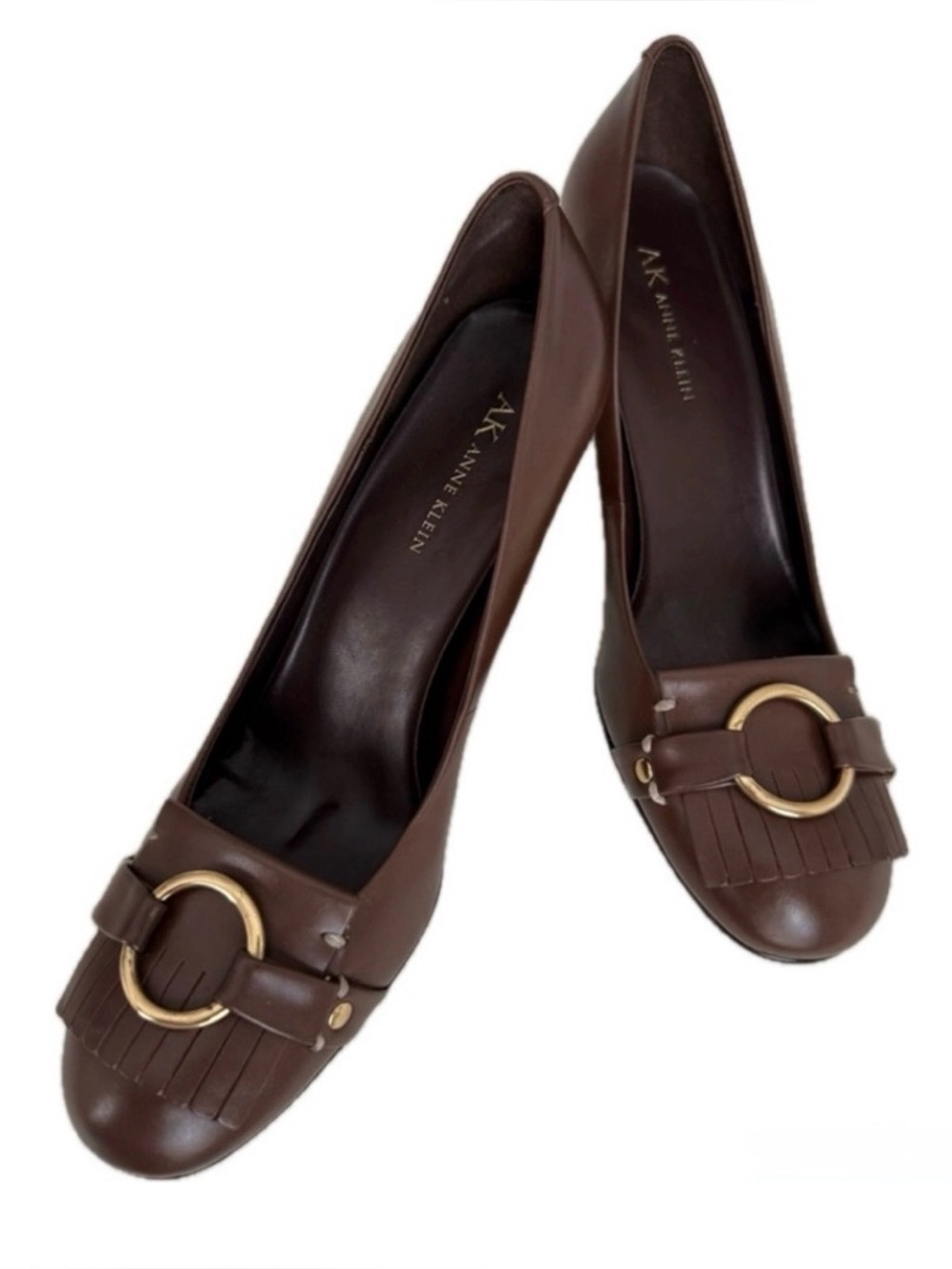 Anne Klein Brown Leather Pumps Size 8.5 Gold Ring Buckle Fringe New Without Box - Picture 5 of 13